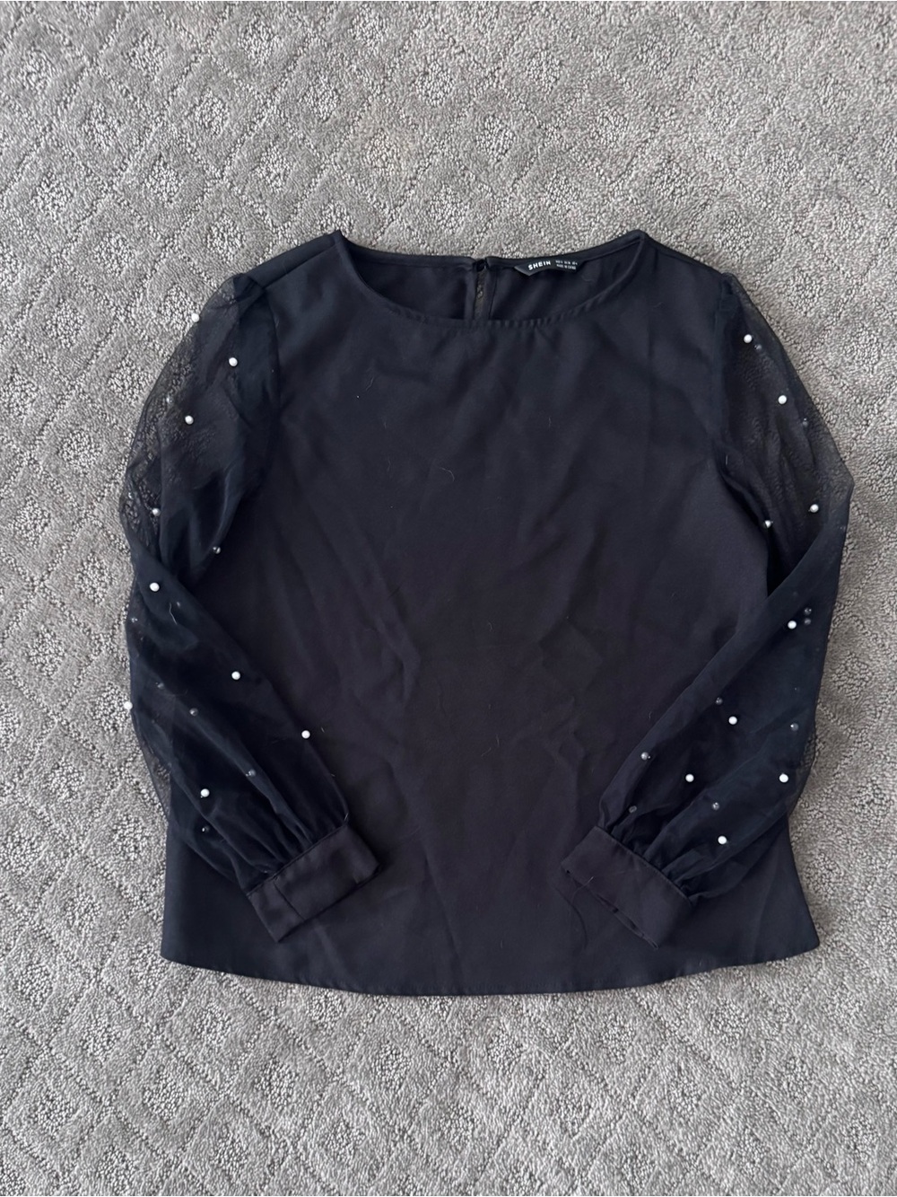 Women’s SHEIN Black Pearl-Embellished Mesh Sleeve Blouse